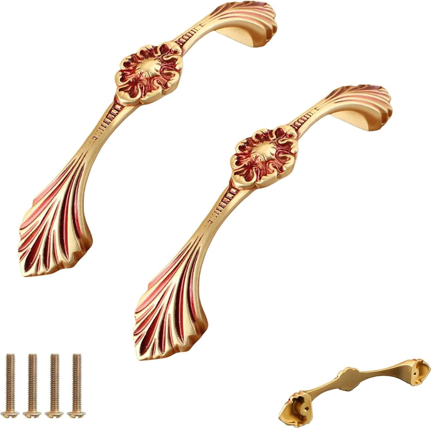 Tnbccxn Bright Gold Cabinet Handles, Cabinet Handles,2Pack Full Copper Drawer Cabinet Antique Style Carved Single Hole Knob(Bright Gold)