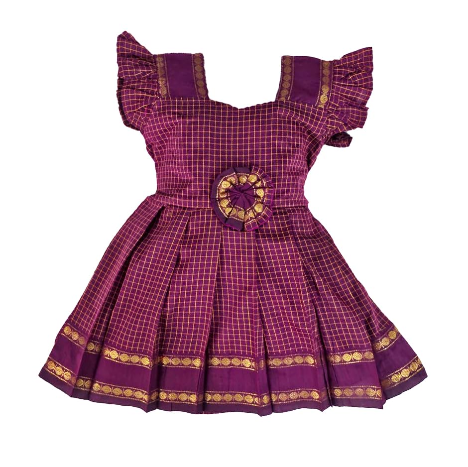 Girl's New Traditional Ethnic Wear Cotton Irkal Checks Pattern Short Sleeves Frock-image-24