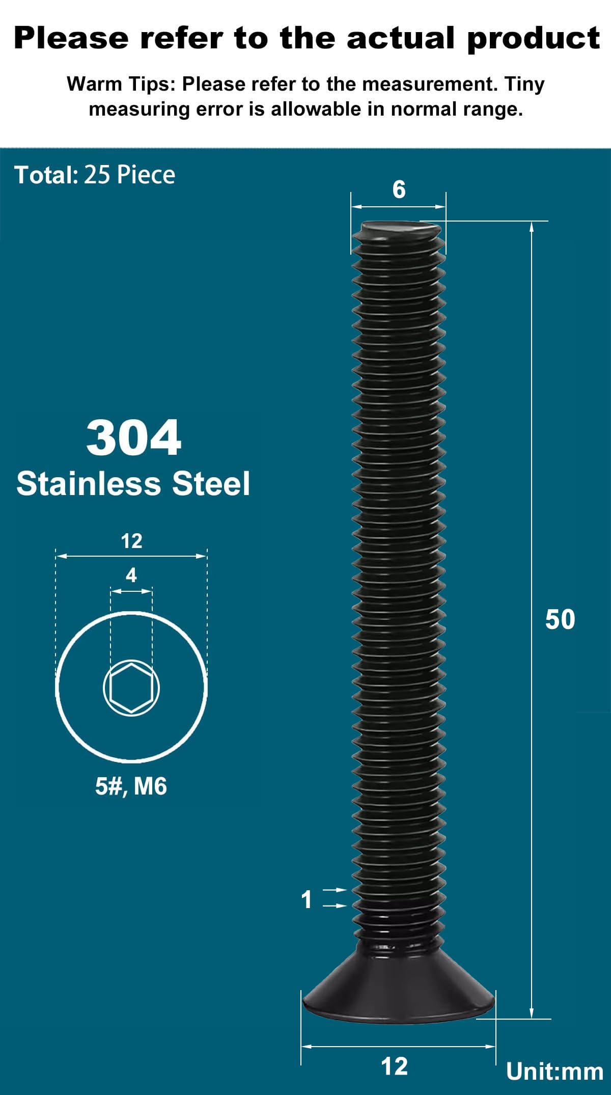 Drenky Black Socket Countersunk Screws M6 X 50mm 304 Stainless Steel Hex Socket Countersunk Bolts DIN 7991 / ISO 10642 Machine Screws Rustproof Flat Head Hex Socket Cap Screws (Pack of 25) - Image 2