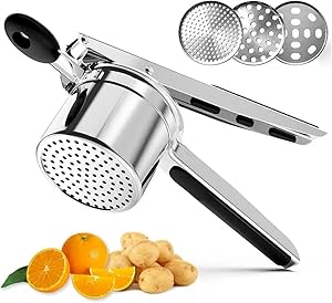 Large 15oz Potato Ricer Heavy Duty Stainless Steel Potato Masher and Ricer Kitchen Tool, Press and Mash Kitchen Gadget For Perfect Mashed Potatoes - Everytime (Deep black)