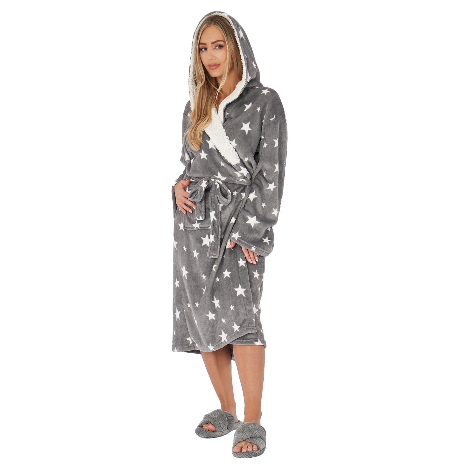 DreamsceneStar Printed Cosy Sherpa Lined Dressing Gown Plush Flannel Fleece Hooded Fluffy Super Soft Warm Unisex Robe