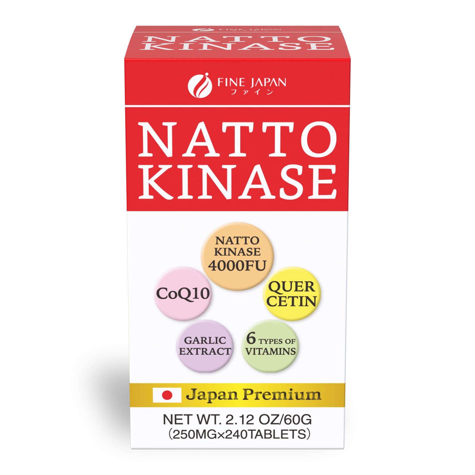 FINE JAPAN Suplemento de nattokinase 4000 FU, 250 mg, 240 comprimidos
