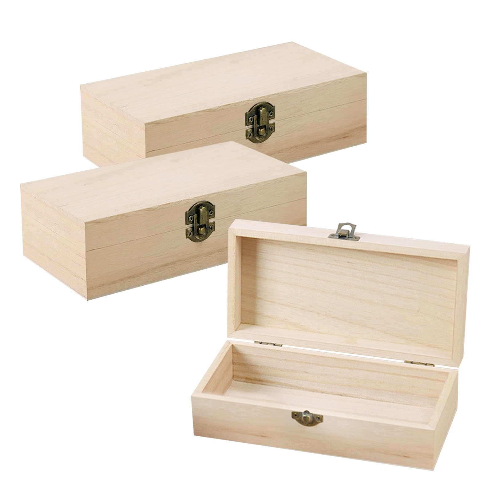 BJHYIZ 3 Pcs Unfinished Wooden Boxes with Lid, 20x10x6 cm Small Wood Box with Locking Clasp Wood Gifts Boxes Unpainted Wooden Jewelry Box Memory for DIY Craft Creative Gifts