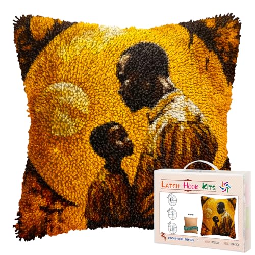 African Father and Son DIY Latch Hook Pillow Kits for Adults Printed Pillowcase Crochet Yarns Hooking Handmade Pillow Cover Cushion for Home Sofa Decoration 17x17inch(1)