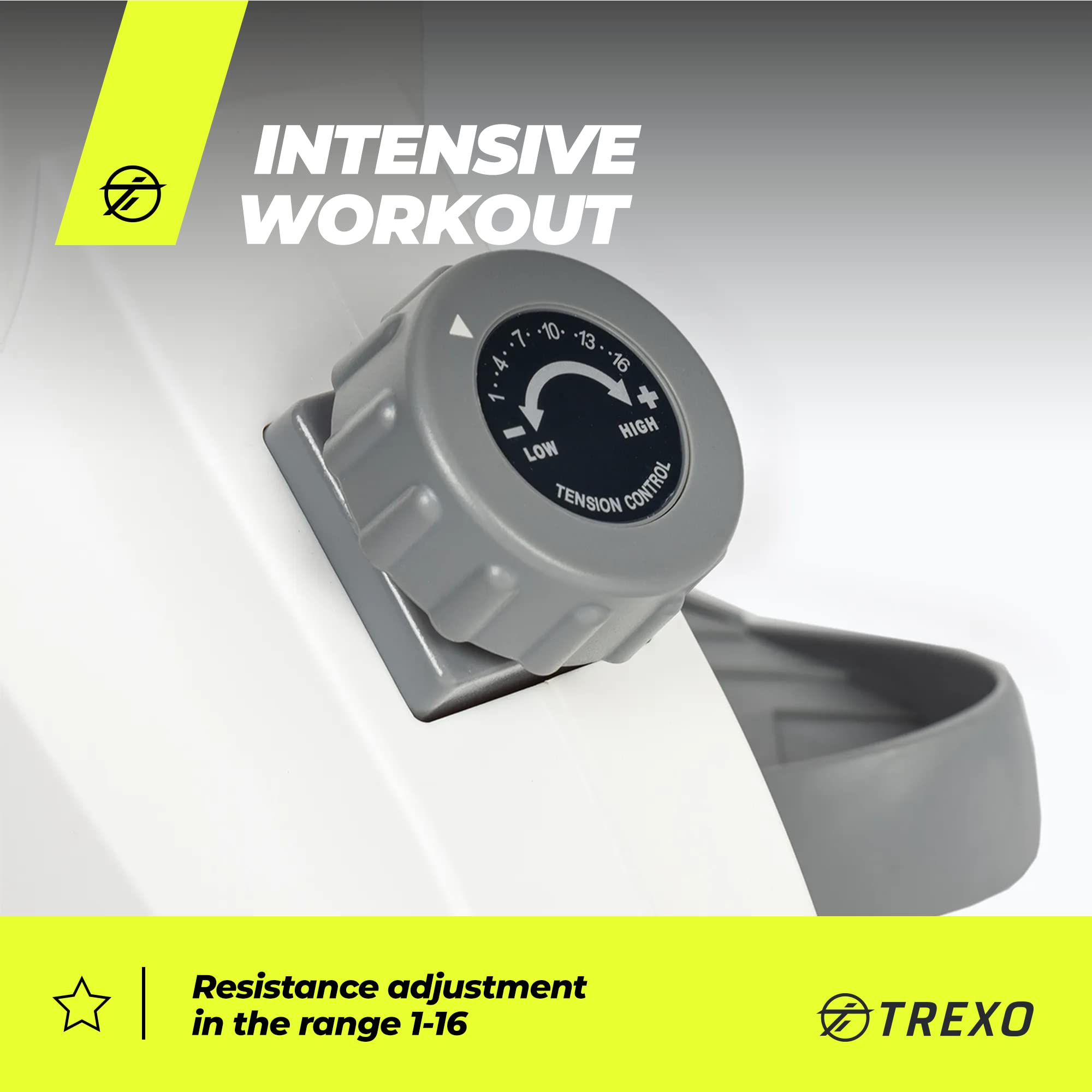 TREXO Wioślarz z magnetycznym systemem oporu 1-16, koło zamachowe 3,5 kg, wskaźnik wagi, stabilna konstrukcja, ergometr, trener wioślarski I RM100