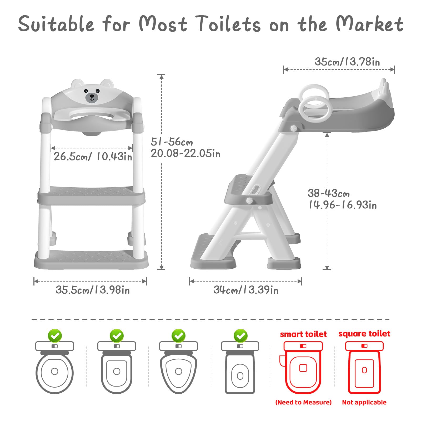 Riduttore WC Bambini, Sedile Rialzato per Bambini Maschi e Femmine, Riduttore WC 2 in 1 con Scaletta, Riduttore WC Sedile del Water con Seggiolino per Bambini, Pedana Antiscivolo Anti-Spruzzo, Grigio