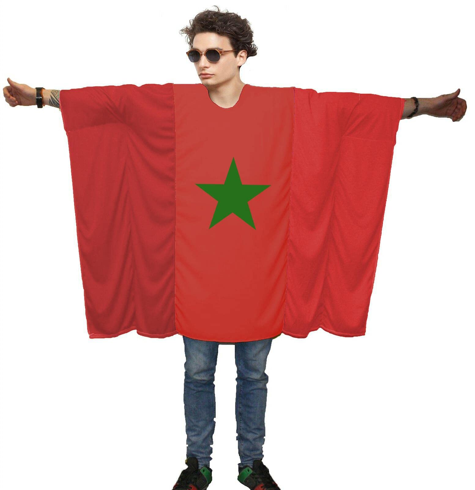 Adults National World Flag Country Themed Poncho Patriotic Sports Supporters Fancy Dress [Morocco] — image 1