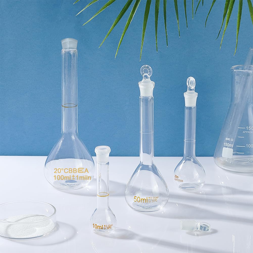 OLYCRAFT 4 boccetta tarata 10 ml/25 ml/50 ml/100 ml Set di boccetta tarata con tappo in vetro durata e resistenza chimica bottiglia di vetro per progetto scolastico di laboratorio