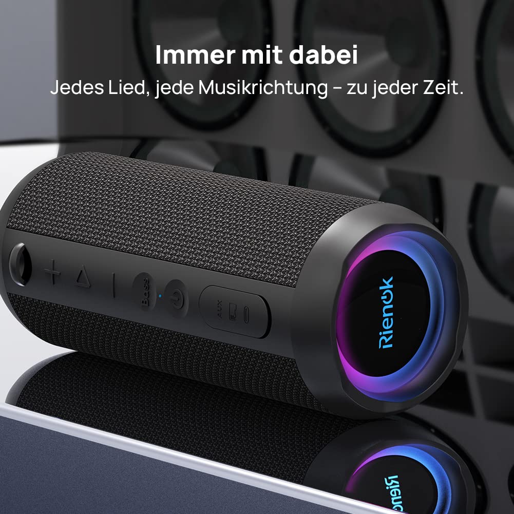 RIENOK Bluetooth Lautsprecher 30W mit Licht Bluetooth 5.3 Musikbox Bass Kabellos Box mit IPX7 wasserdicht Stereo Sound Tragbar