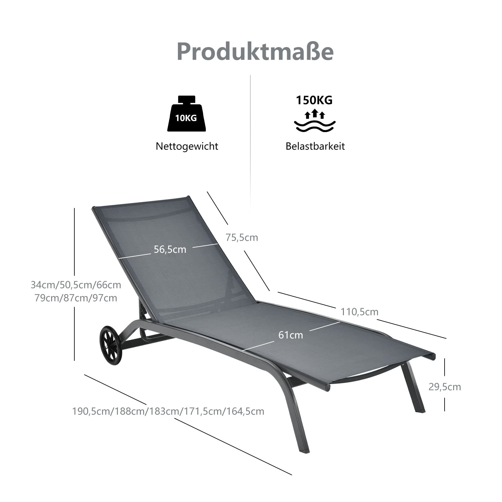 COSTWAY Sonnenliege mit Rollen, Gartenliege mit Verstellbarer Rückenlehne und schnell trocknendem Stoff, Relaxliege bis 150kg belastbar, Liegestuhl für Garten, Balkon, Terrasse (Grau)