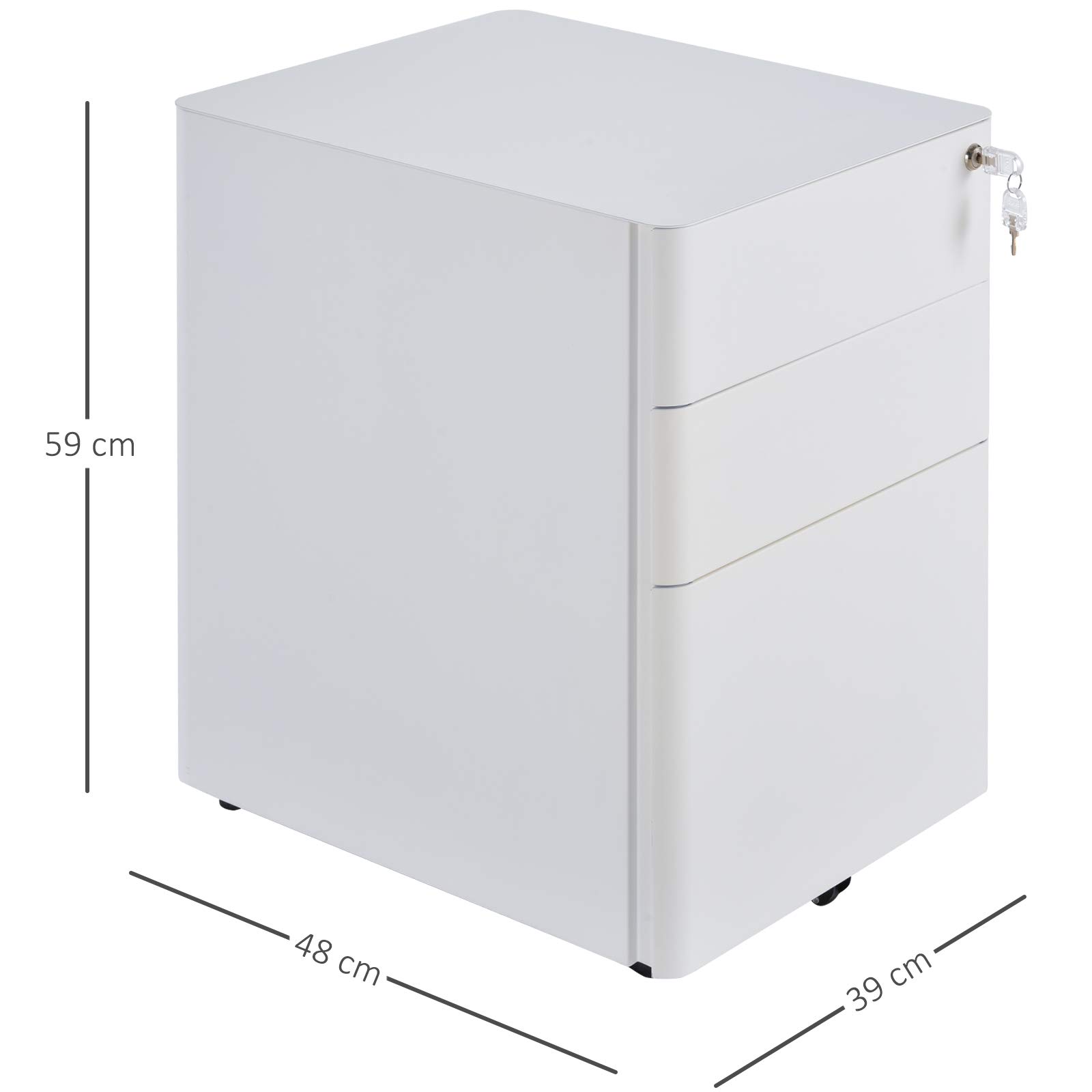 HOMCOM Vinsetto Caisson de Bureau Rangement Bureau sur roulettes 3 tiroirs coulissants verrouillables trieur à dossiers dim. 39L x 48I x 59H cm Acier Blanc