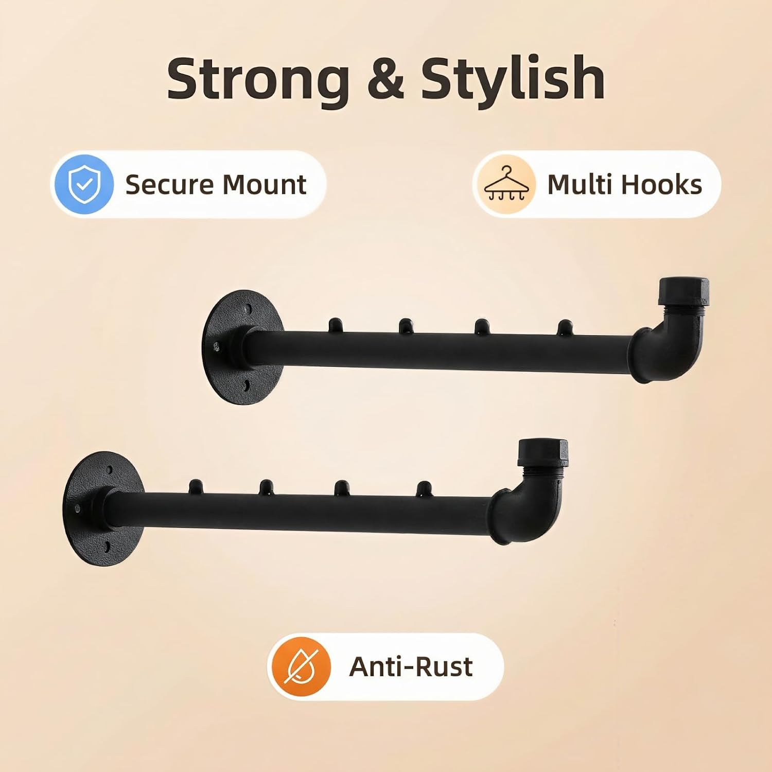 Homeyeeng Industrial Wall Pipe Clothes Bar - Heavy Duty Metal Coat Hanger with Hook, Wall-Mounted Garment Holder Racks,Wall Clothing Racks/Hanging Rail, 2Pcs