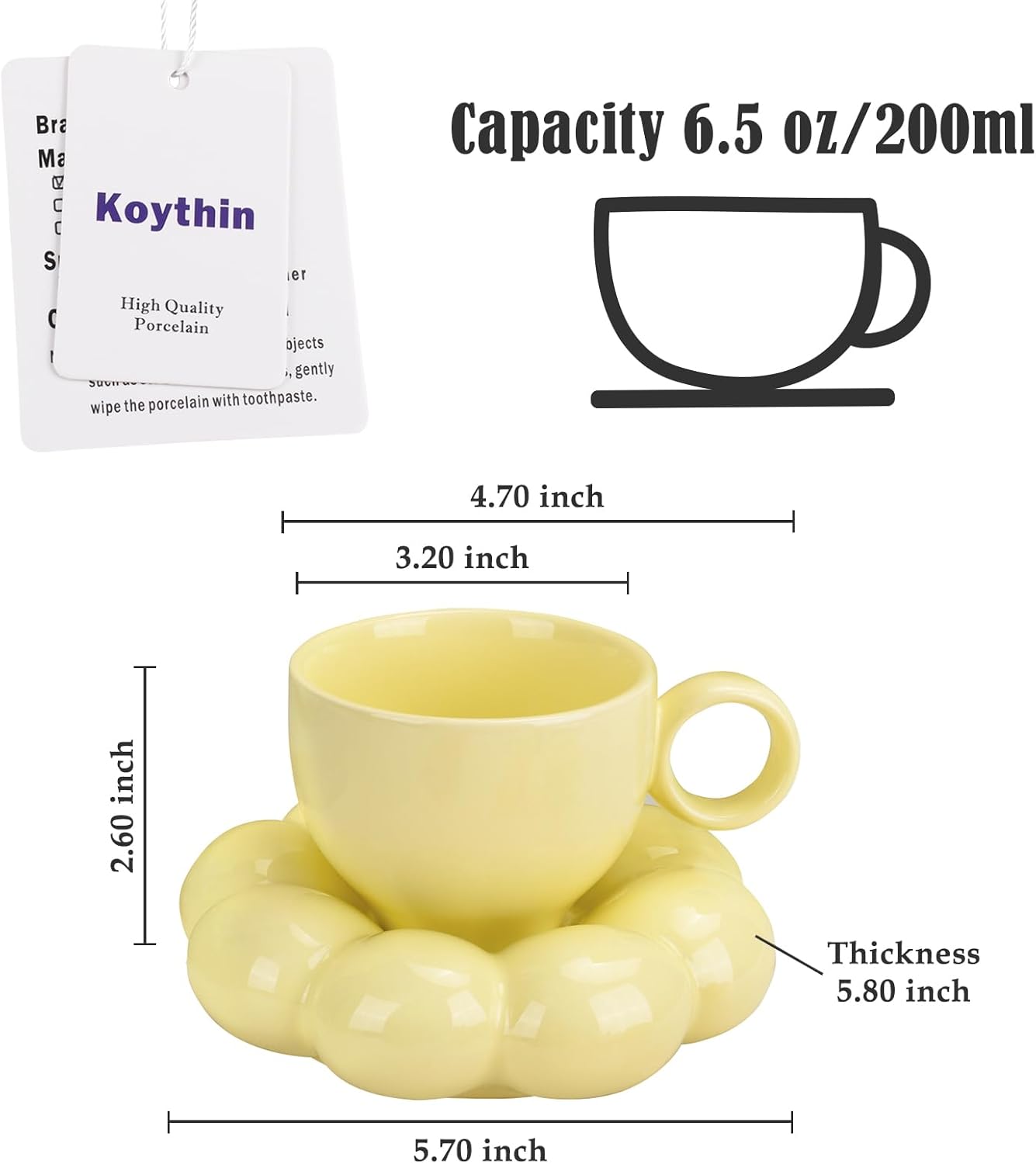 Koythin Ceramic Coffee Mug with Saucer Set, Creative Cute Cup with Sunflower Coaster for Office and Home, Dishwasher and Microwave Safe, 6.5 oz/200 ml for Tea Latte Milk (Lemon Yellow) - Image 2