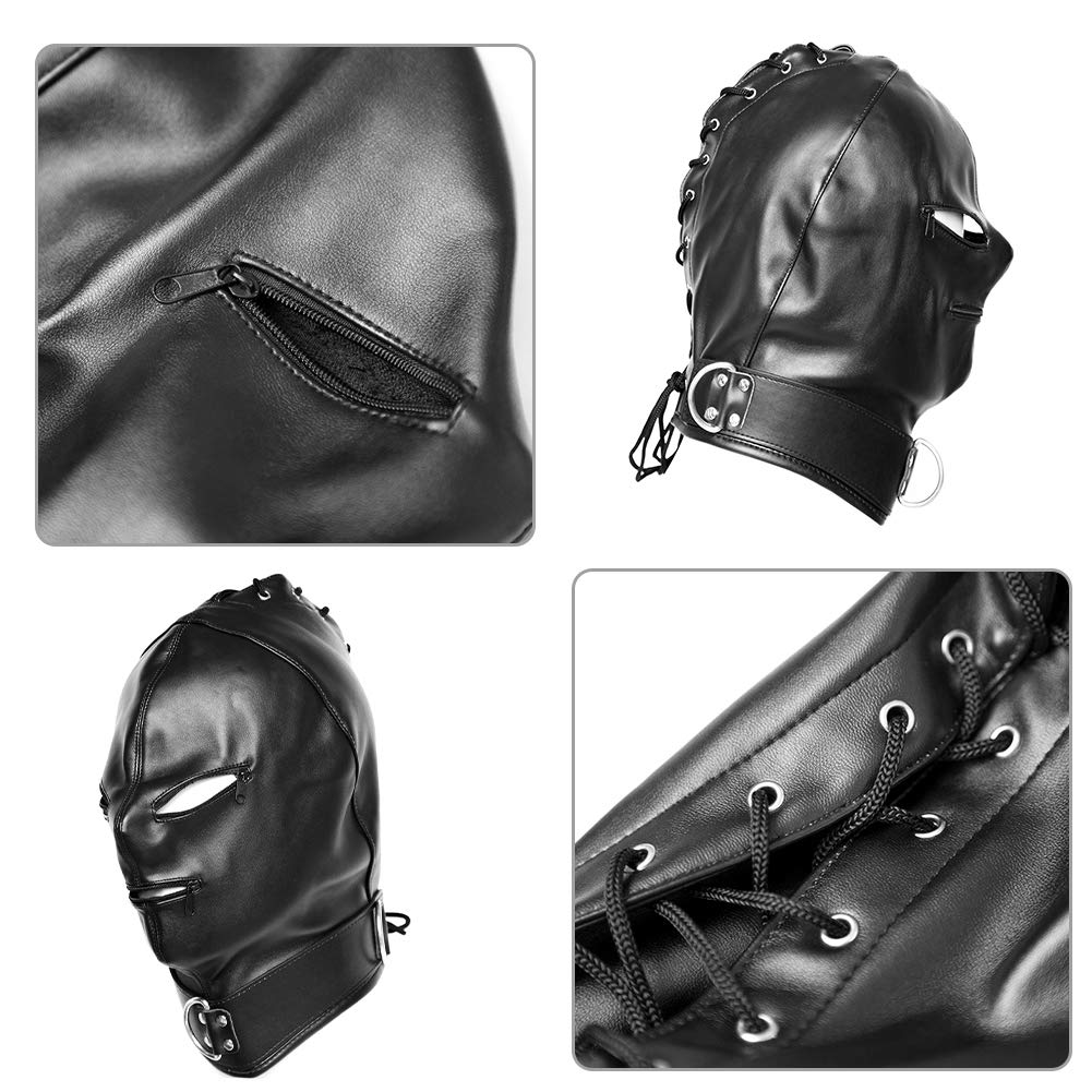 SXOVO Capot de tête Cuir BDSM Foreplay Flirt Bondage Hood Masque avec Fermeture éclair Esclaves Et Maîtres Cosplay Jouets érotiques pour Femmes Hommes Couples