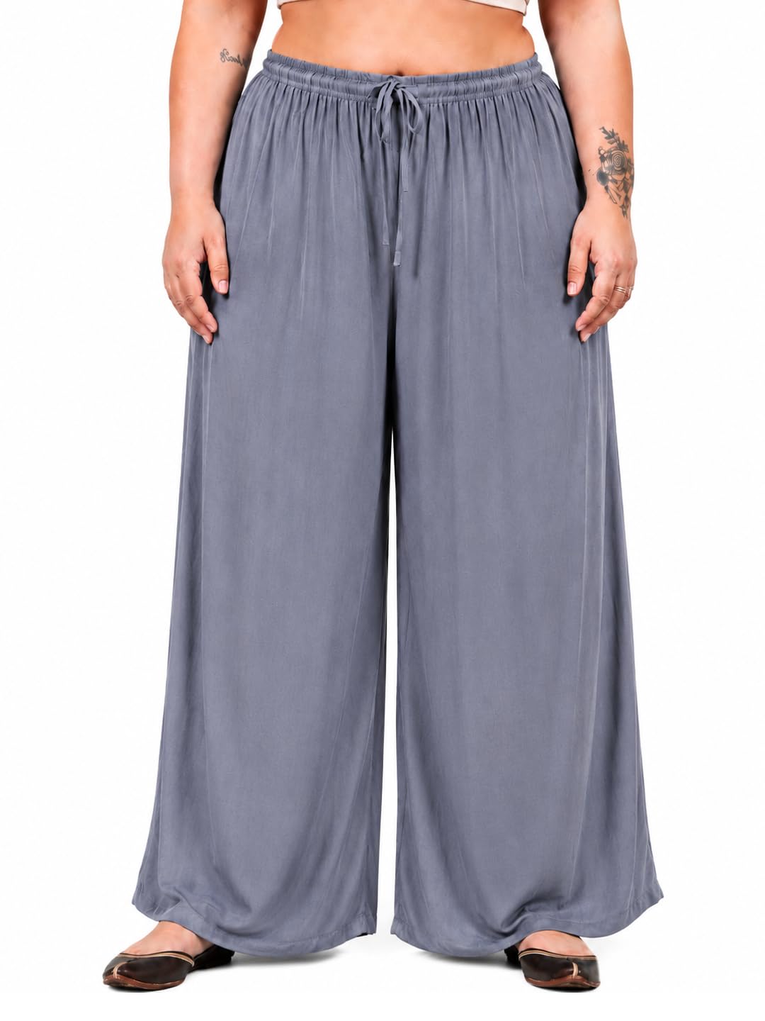 Women's Plus Size Rayon Palazzo Pants | Solid Full Length Elastic Waist Wide Leg Palazzo | Casual Bottom |-picture-46