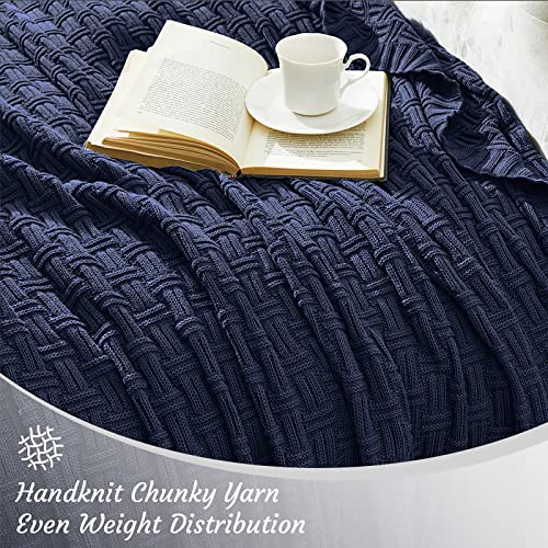 Image of TREELY 100% Cotton Knitted Throw Blanket 0 x 80 Inches, Navy Blue
