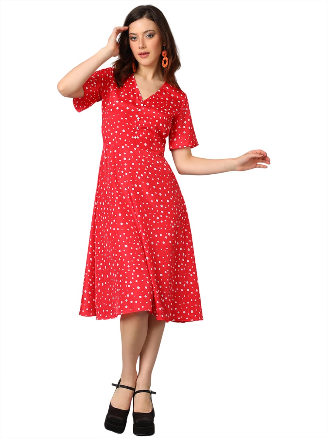 Kotty Women's Fit And Flare V Neck Dress(Red,M)