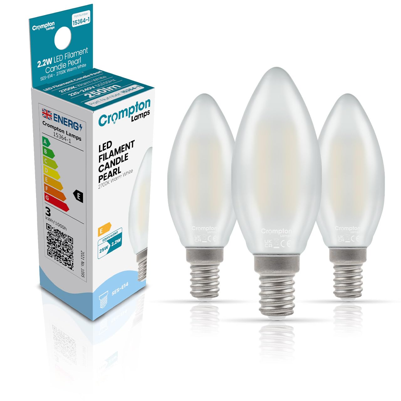 Crompton Lamps Filament Candle LED Light Bulb SES-E14 | 2.2W = 25W Equivalent | Warm White 2700K | Energy Efficient | Small Screw Lightbulb | Long Life 15000-Hrs | Pearl Glass | Dimmable | 3-Pack