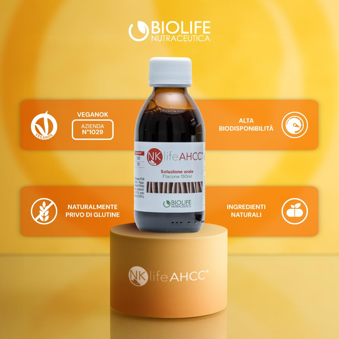 Biolife Nutraceutica Nklife AHCC Integratore difese immunitarie, Integratore per resistenza alle infezioni, Neutralizzazione del Papilloma Virus, Proprietà antiossidanti, Soluzione orale da 150 ml