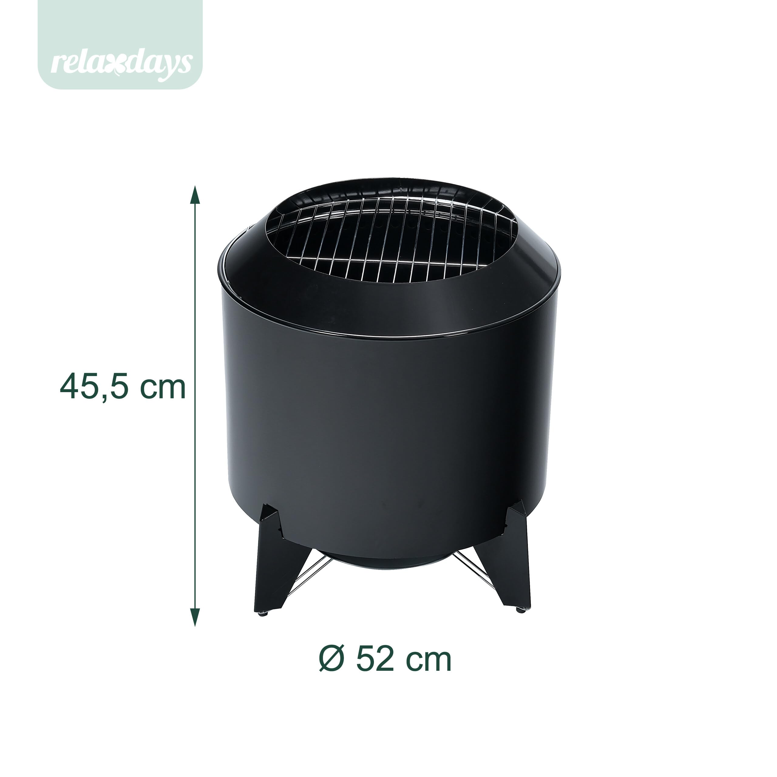 Relaxdays Feuerschale ohne Rauch, 2 in 1 mit Grillrost, Stahl, schwarz | HxØ: 46x52 cm, emailliert, raucharme Feuerstelle