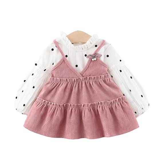 Hopscotch Girls Cotton and Spandex Full Sleeves Polka Dots Printed Casual Dress in Pink Color