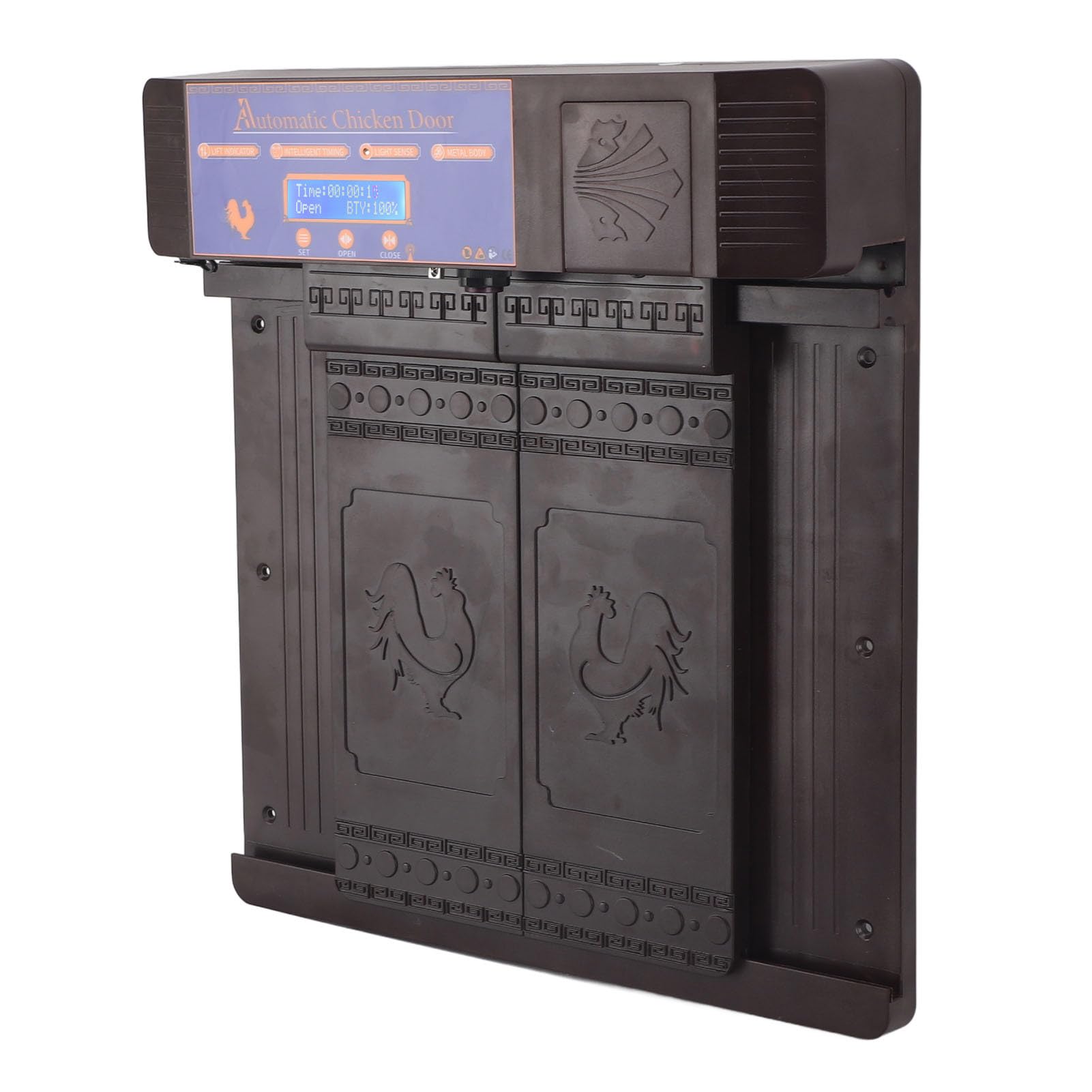 Aramox Puerta Automática Solar para Gallinero, Puerta Automática de Plástico para Pollos con Temporizador, Sensor de Luz, Control Remoto, Infrarrojos, Antipellizco para Pollos, Patos, Gansos (Marron