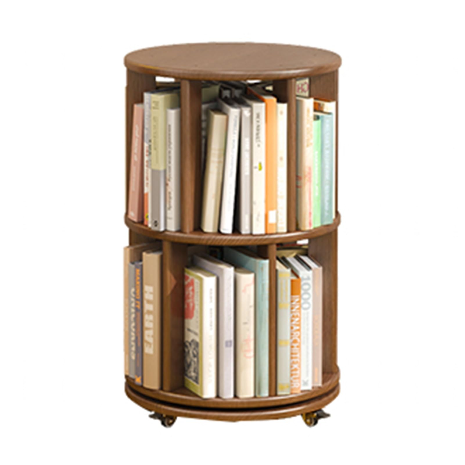 Estantería giratoria 360 de madera maciza color nogal con dos niveles y ruedas