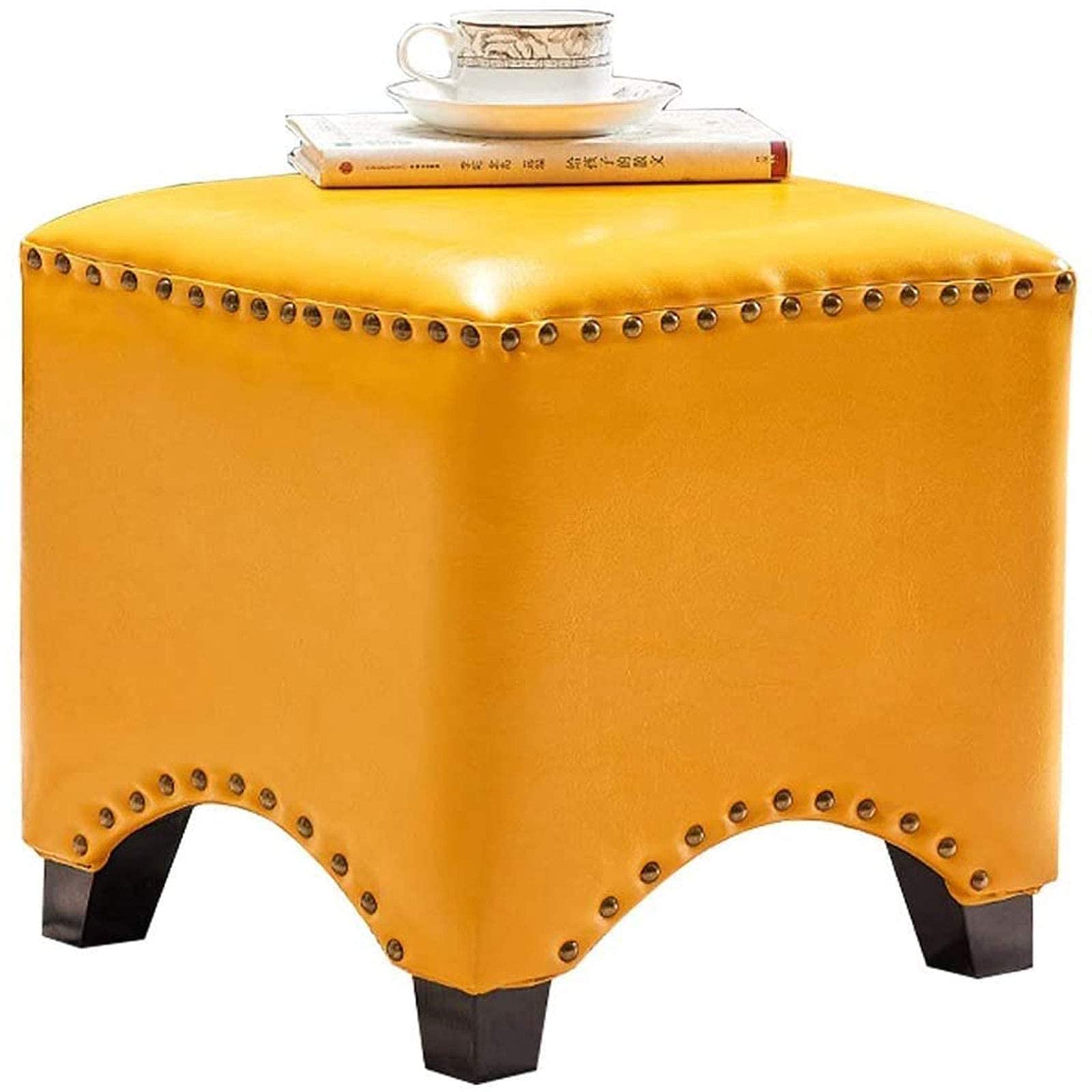 Tabouret chaussure en bois massif jaune avec assise cuir pour salon