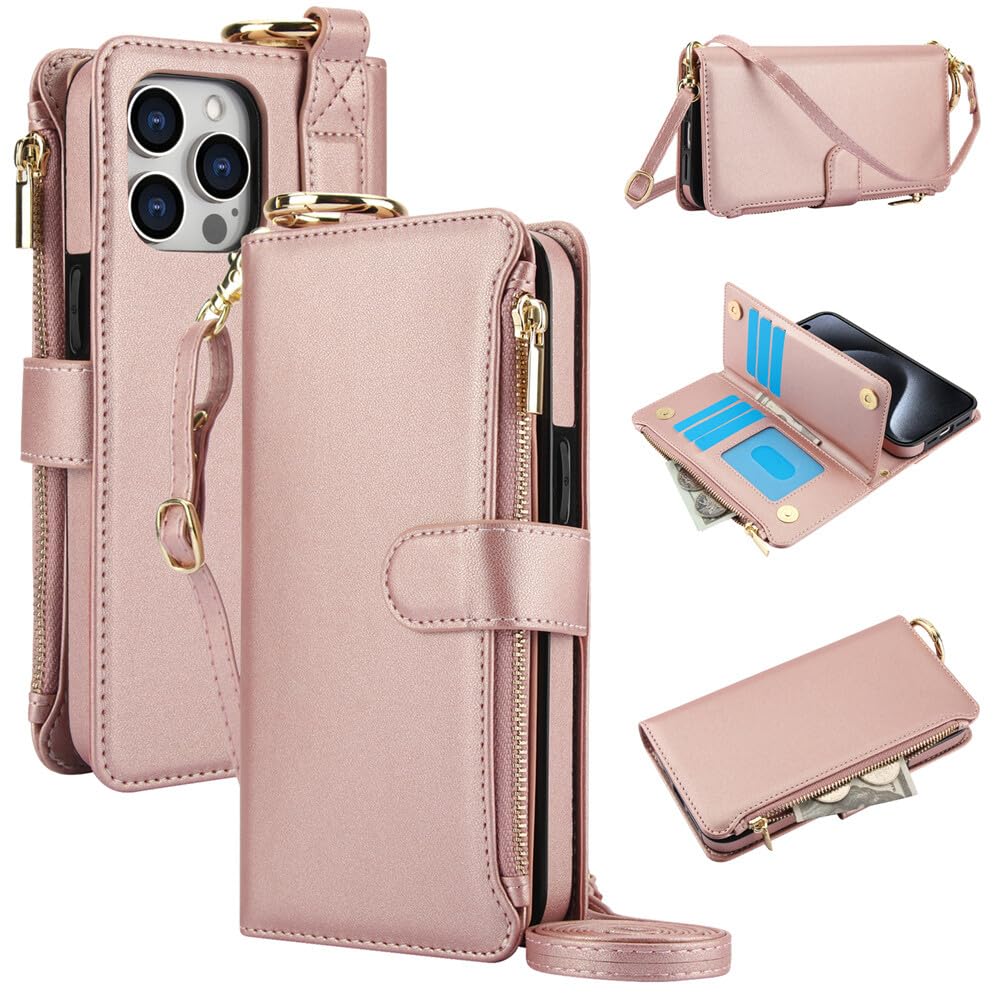 Funda compatible con iPhone 15 Pro Max (Color: oro rosa) Funda tipo cartera con cremallera y correa para el hombro