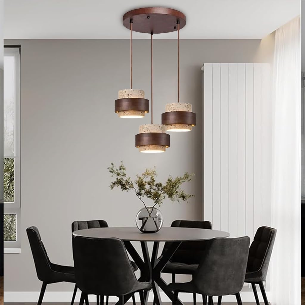 TMKOO Natural Stone Pendant Light Cylindrical Travertine Wabi Sabi Nordic Style Wood Hanging Lamp for Kitchen Island Adjustable Home Decor Hallway Bedroom Dining Room Ceiling Lighting(C)