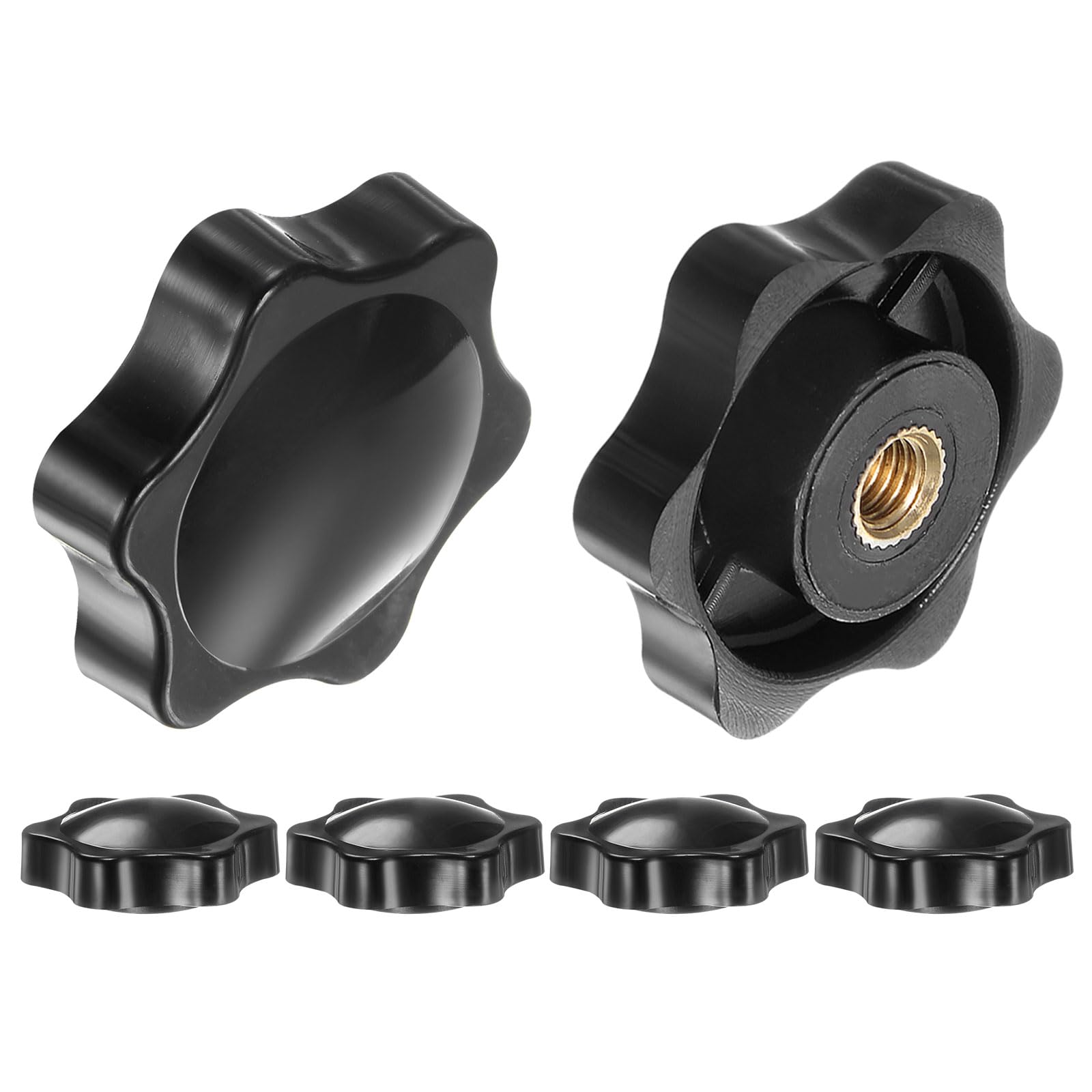 sourcing map 6pcs Star Knobs M5 Female Thread 32mm 6-Point Plastic Head Brass Insert Non-Through Hole Screw-in Threaded Hand Knob Clamping Handle, Black