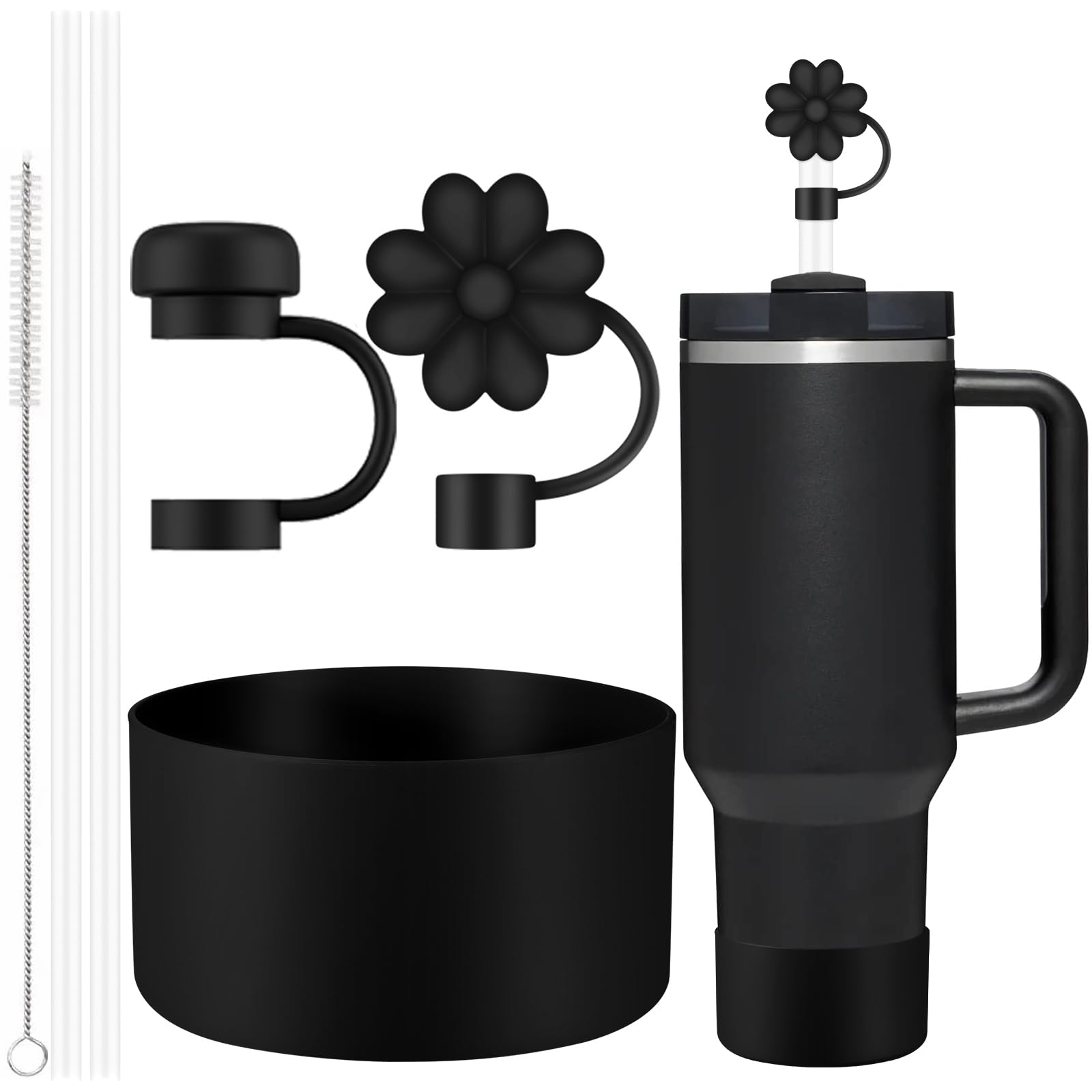 CHEETAH 6 Pcs Accessories for Stanley Cup 20-40oz,2 Straw Covers,2 Replacement Straws,1 Straw Brush,1 Boot Included, SIlicone Straw Cover Caps Topper (Black)