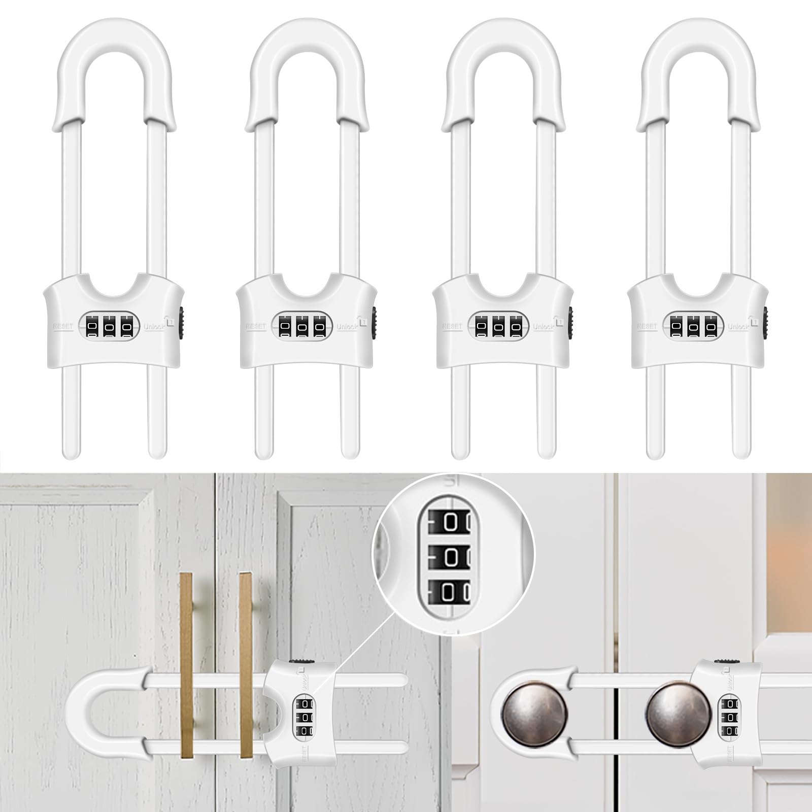 Confezione da 4 serrature scorrevoli di sicurezza per bambini, a forma di U, regolabili, con combinazione a 3 cifre, per mobili da cucina e armadi, da installare senza fori o adesivo