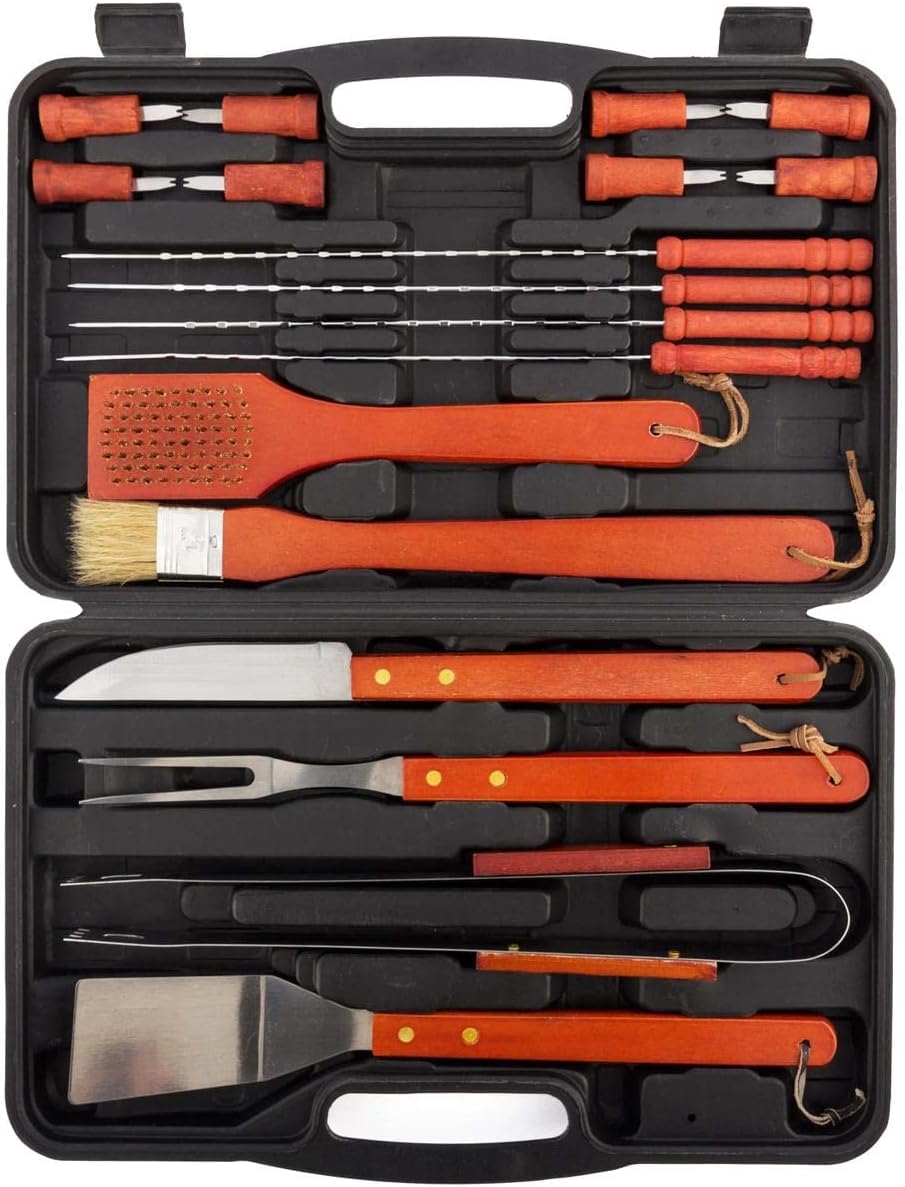 Kit Barbacoa - Juego de utensilios para barbacoa, utensilios de barbacoa, juego de herramientas para viajes, jardín, maletín, acero inoxidable y madera