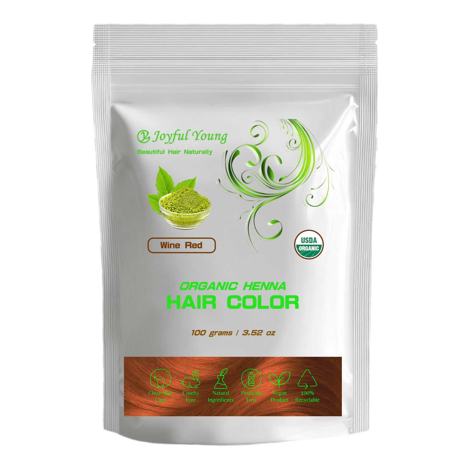 Joyful Young Henna Hair Dye for Gray Coverage – Organic Natural Hair Dye, Plant-Based Herbal Hair Color Powder, Chemical-Free Vegan Hair Coloring (
