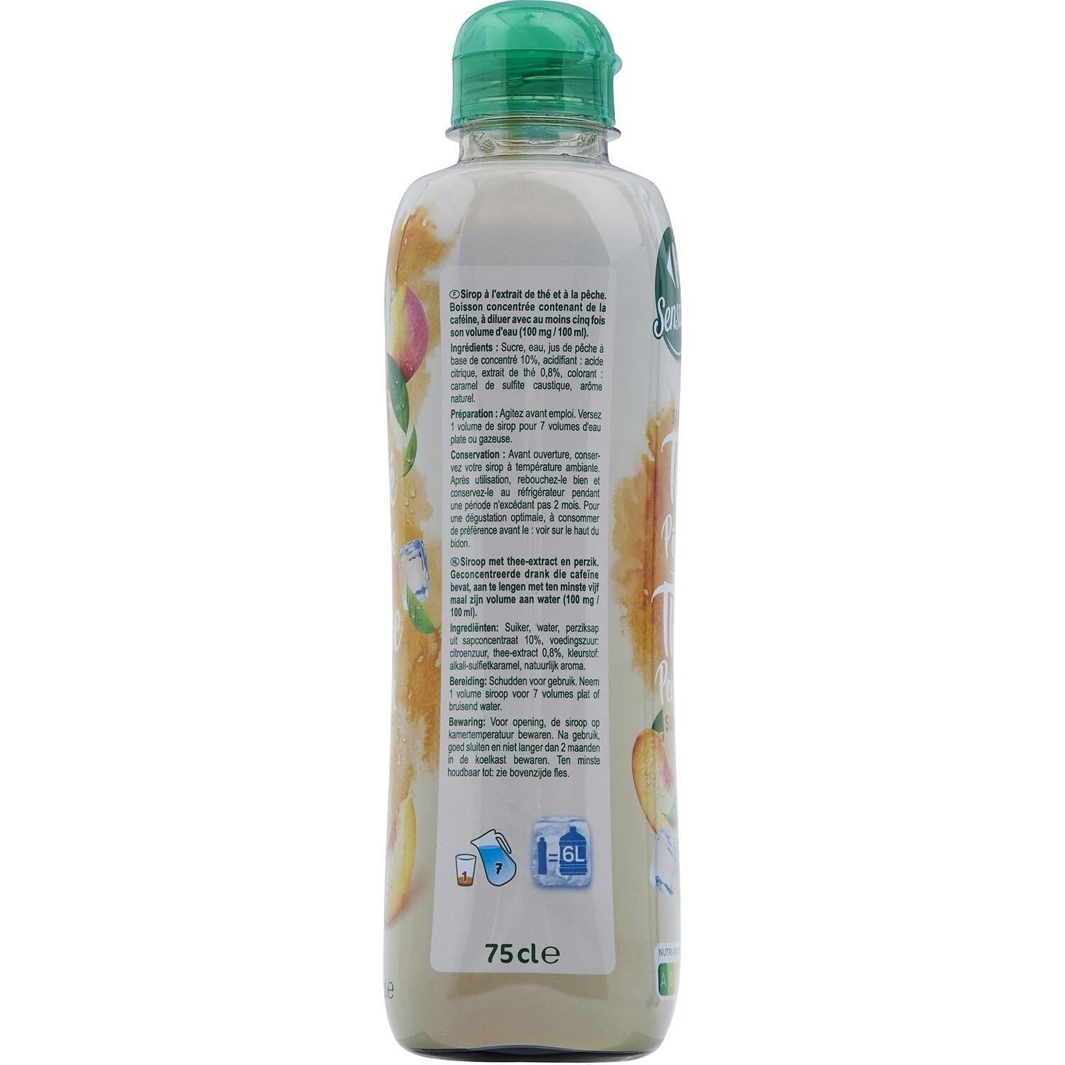 CARREFOUR SENSATION Sirop Thé Pêche, bouteille de 75 cL, concentré à diluer avec extrait de thé et jus de pêche, rafraîchissant et savoureux - Lot de 3