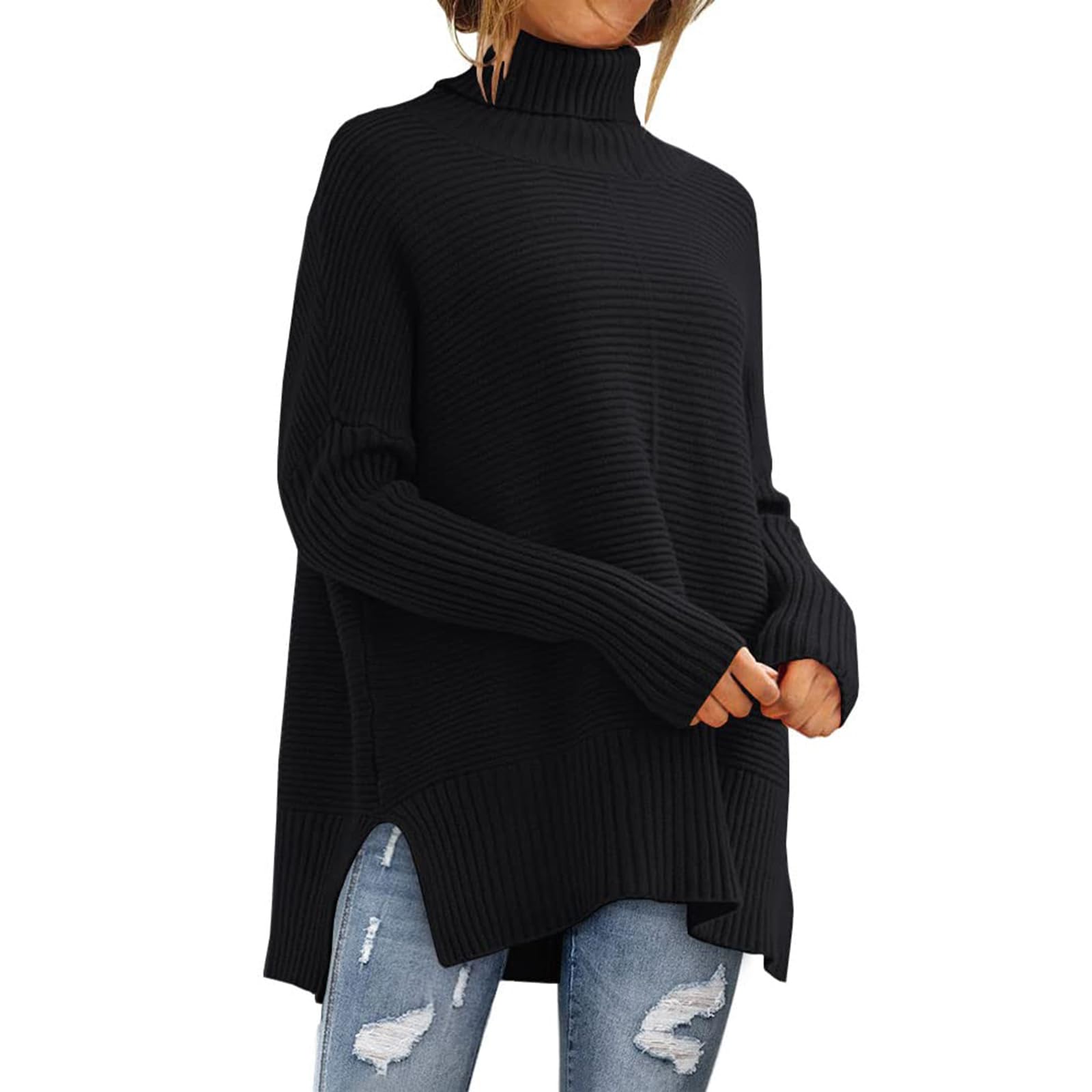 Womens Oversized Sweaters Turtleneck Ribbed Knit Sweater Casual Pullover Sweatshirt Fall Winter Long Sleeve Tops