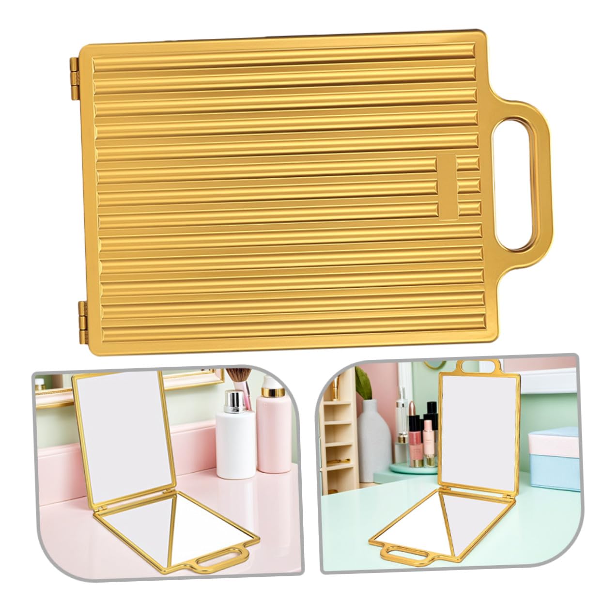 Gatuida Doppelseitiger Faltbarer Frisör Spiegel Gold Kompakt Tragbar Präzise Spiegelung Professionelles Hairstyling-Tool für Friseure und Make-up Stilvoll für Reise und Tischgebrauch