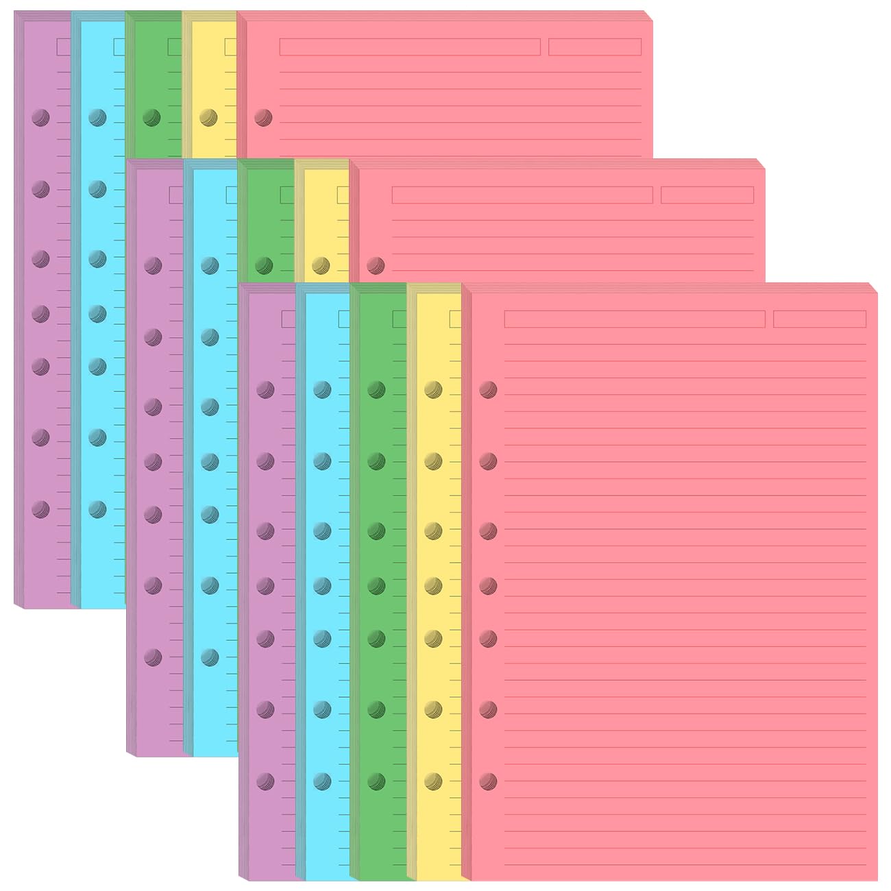 (3-Pack) Mini Binder 5 Colorful Line Paper for 3 or 7 Ring Binders - 300 Sheets/600 Pages Loose Leaf Paper Line Refills, Per Color 60 Sheets, Desk