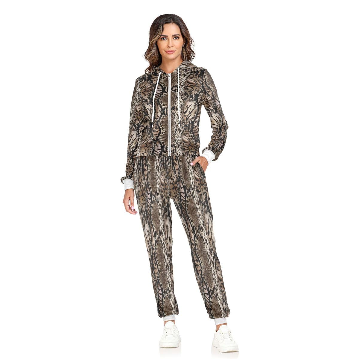 Conjunto deportivo de 2 piezas para mujer, estampado de piel de serpiente y leopardo, conjunto deportivo de manga larga, estampado de animales abstractos