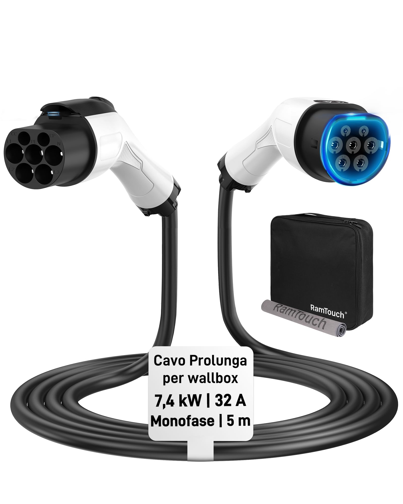 Cavo Prolunga Tipo 2 (32 A, 7,4 kW, 5 Metri, Monofase) | Cavo di Estensione Compatibile con Caricatori per Auto Elettriche, Stazioni di Ricarica e Wallbox per EV/PHEV