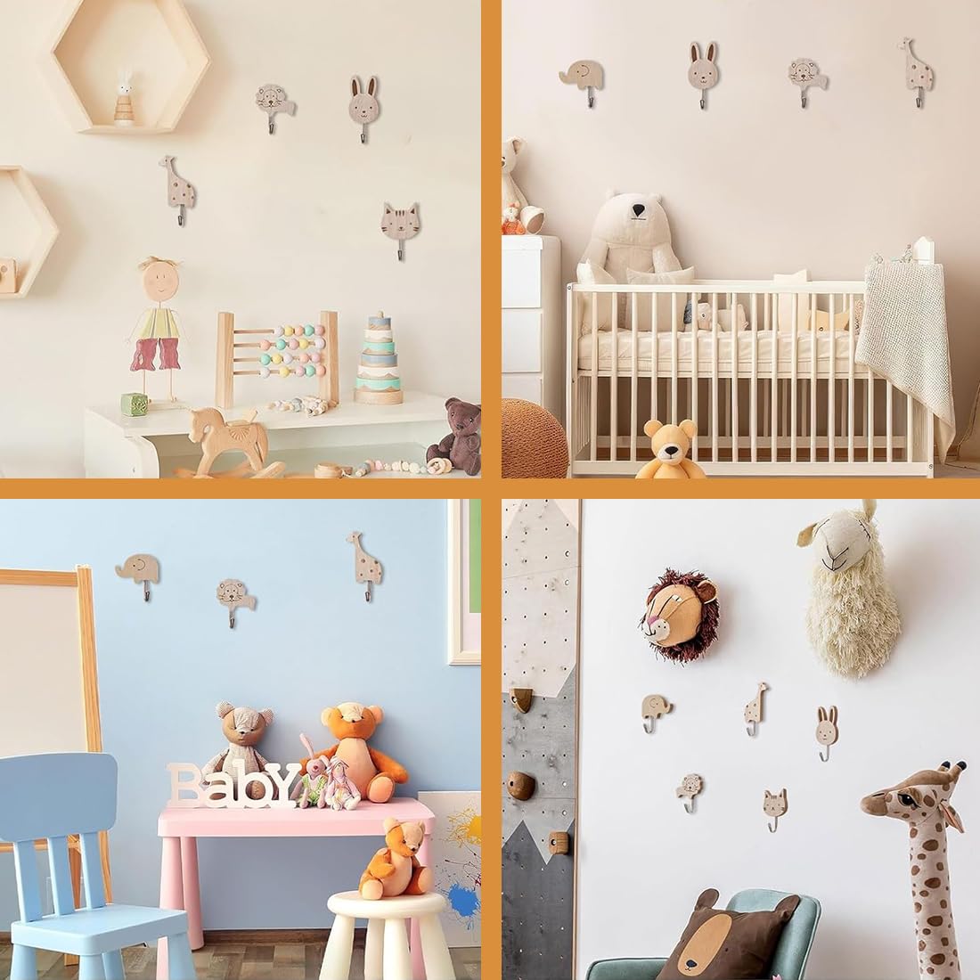 Appendiabiti per bambini in legno set 8 ganci autoadesivi animali elefante balena gatto leone coniglio giraffa
