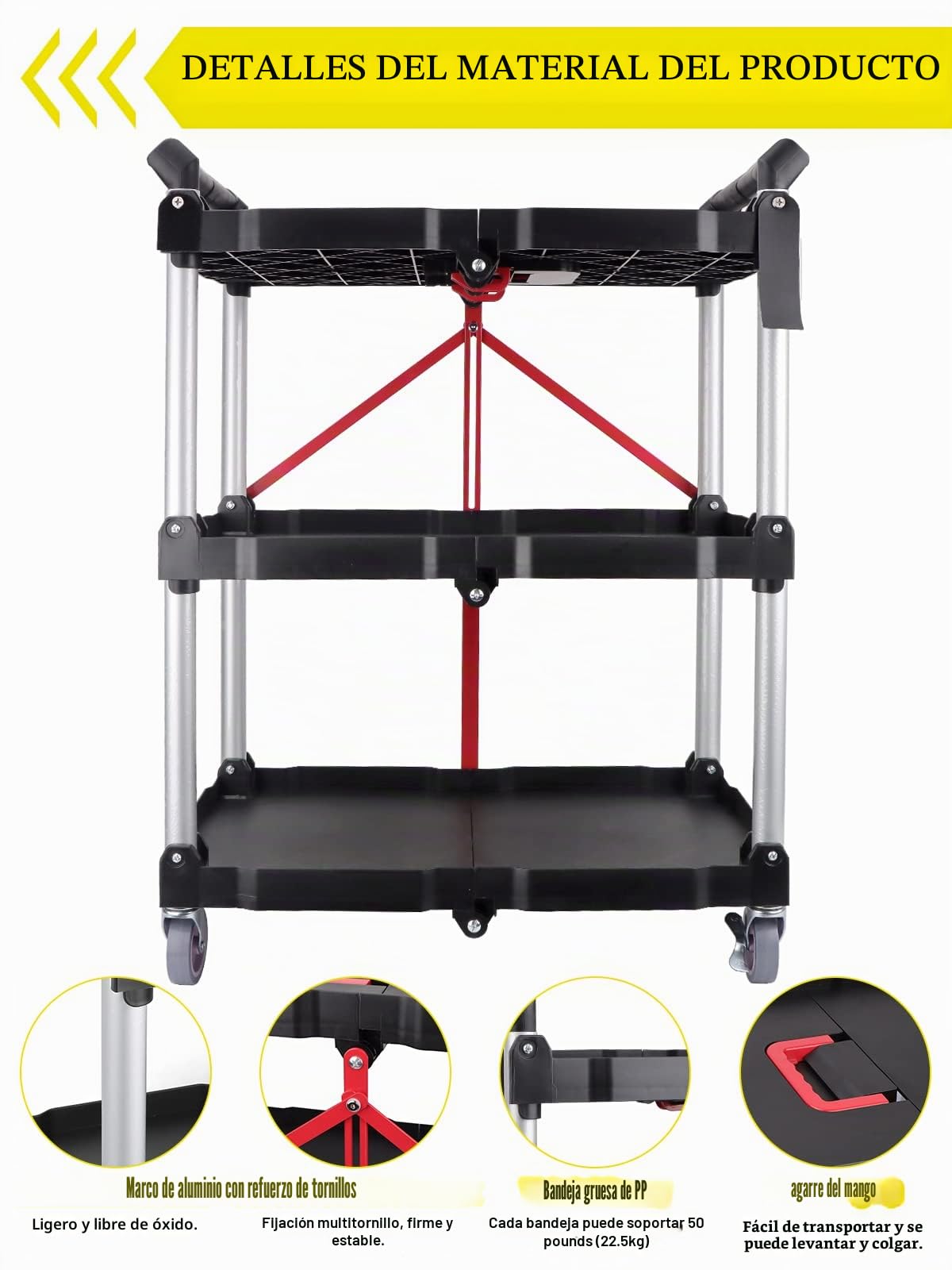 EBANKU Carros de Servicio, Carrito de Servir Carrito de Cocina Plegable con Ruedas No Requiere Montaje, Carro Multiusos para Oficina, Restaurantes, Almacén y Casa