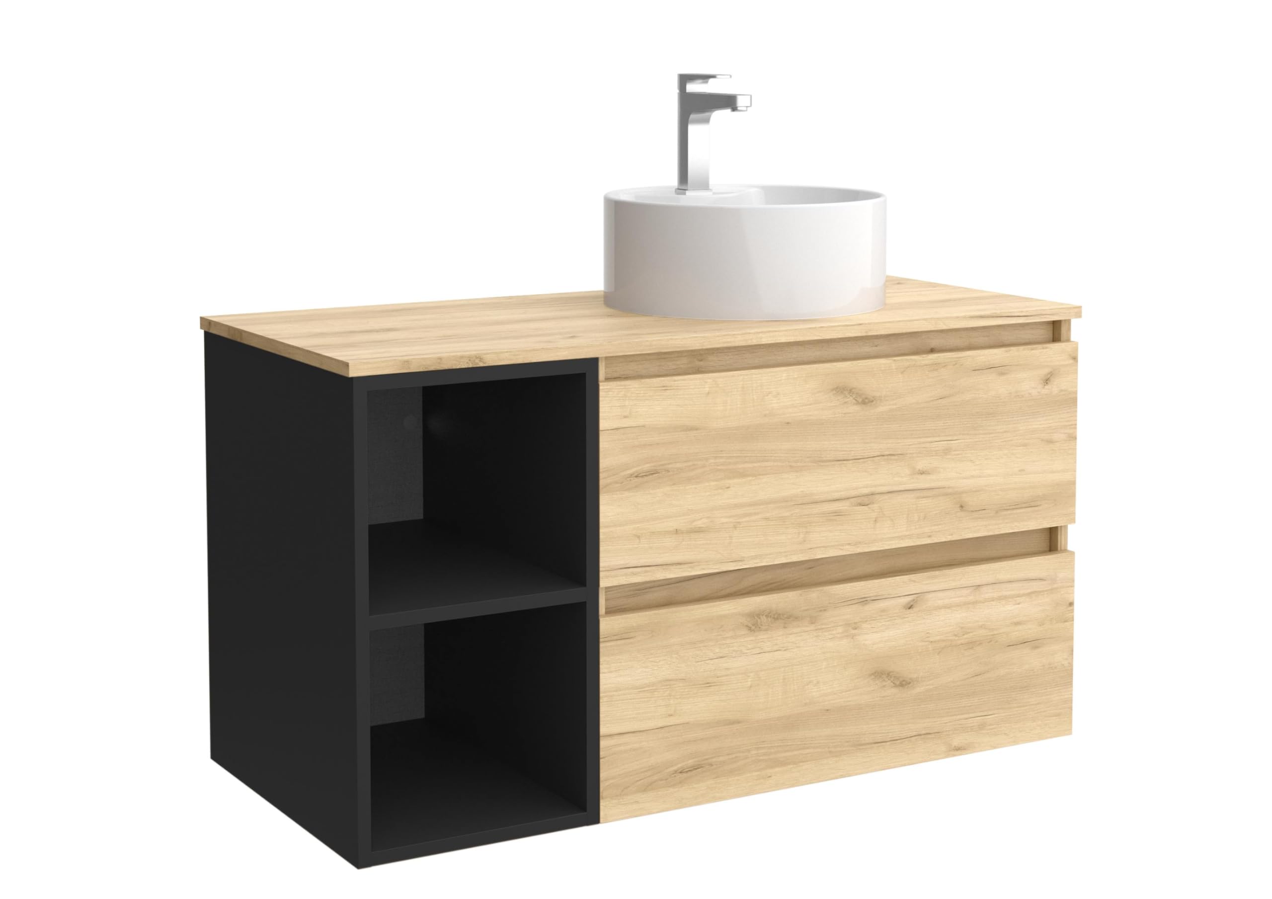 Salgar Mueble de Baño Bequia Plus 100 cm 2 cajones Roble y Coqueta 2 Huecos Negro Mate con Lavabo sobre encimera
