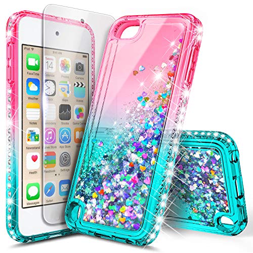 iPod Touch 7 Case, iPod Touch 5/6 Case with Premium HD Screen Protector for Girls, NageBee Glitter Sparkle Liquid Floating Durable Clear Cute Case for iPod Touch 7th/6th/5th Generation -Pink/Aqua