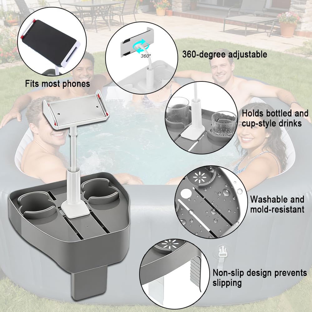 Whirlpool-Tischtablett mit verstellbarem Telefonhalter, Badewannentischtablett, Whirlpool-Zubehör für aufblasbare Wanne und Pool