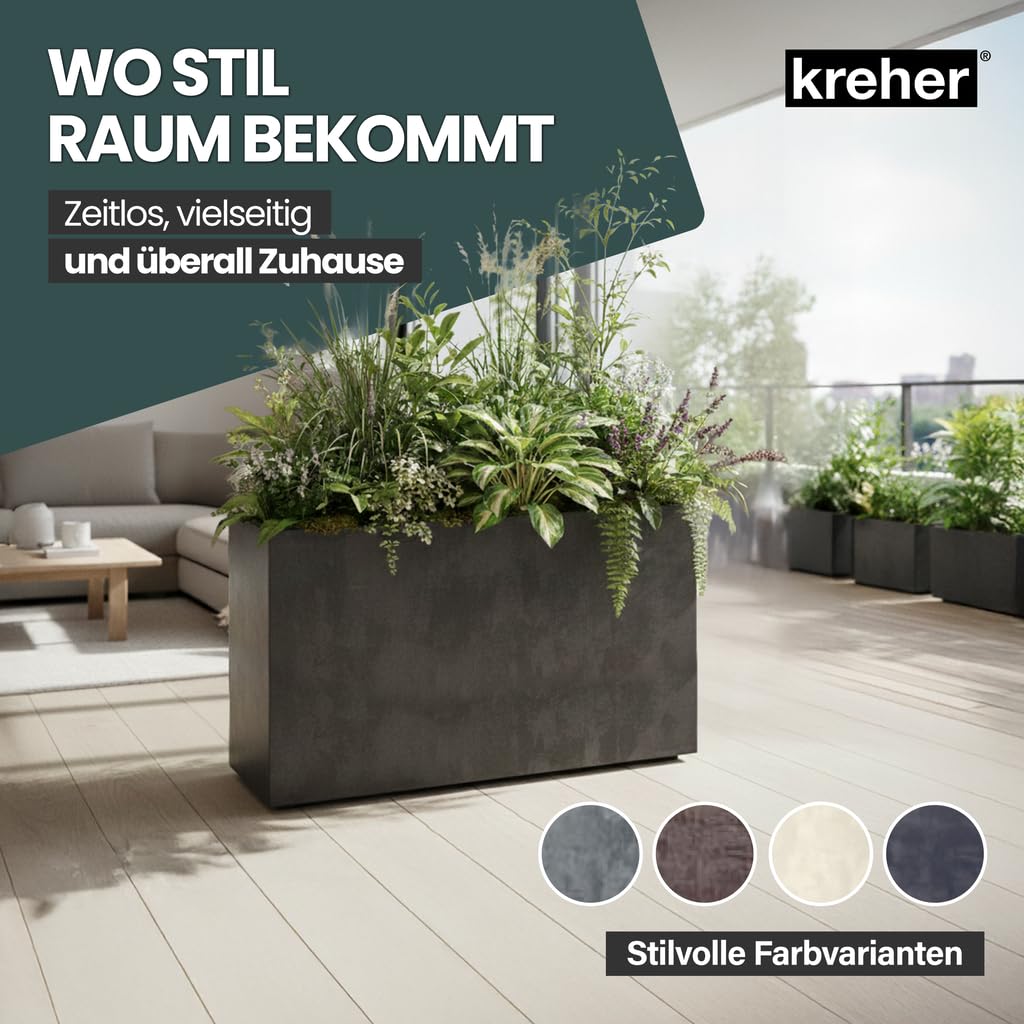Kreher® XXL Sichtschutz Pflanzkasten hoch 93L - 98x38,5x62 cm - doppelwandig & rollbar, mit Entwässerungsstopfen - wetterfest - Naturstein Optik (3, Anthrazit)