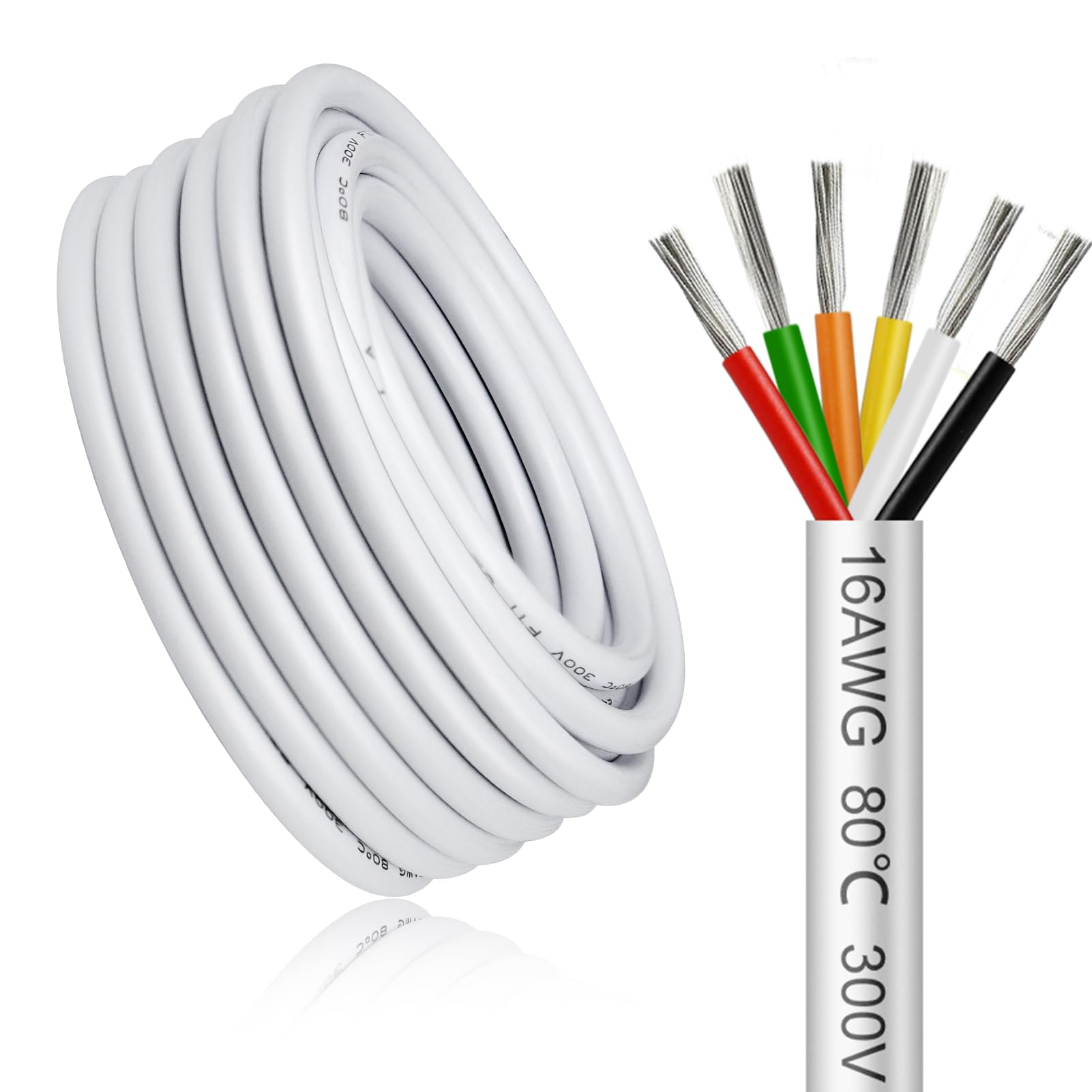 10 Meter 16AWG 6x1,5mm² Elektrischer Kabel, 6 Adriges Kabel 5V/12V/24V/300V Weiß Verzinntes Kupferkabel, Flexibel und Weich Niedrige Impedanz Hohe Temperaturbeständigkeit Verlängerungskabel
