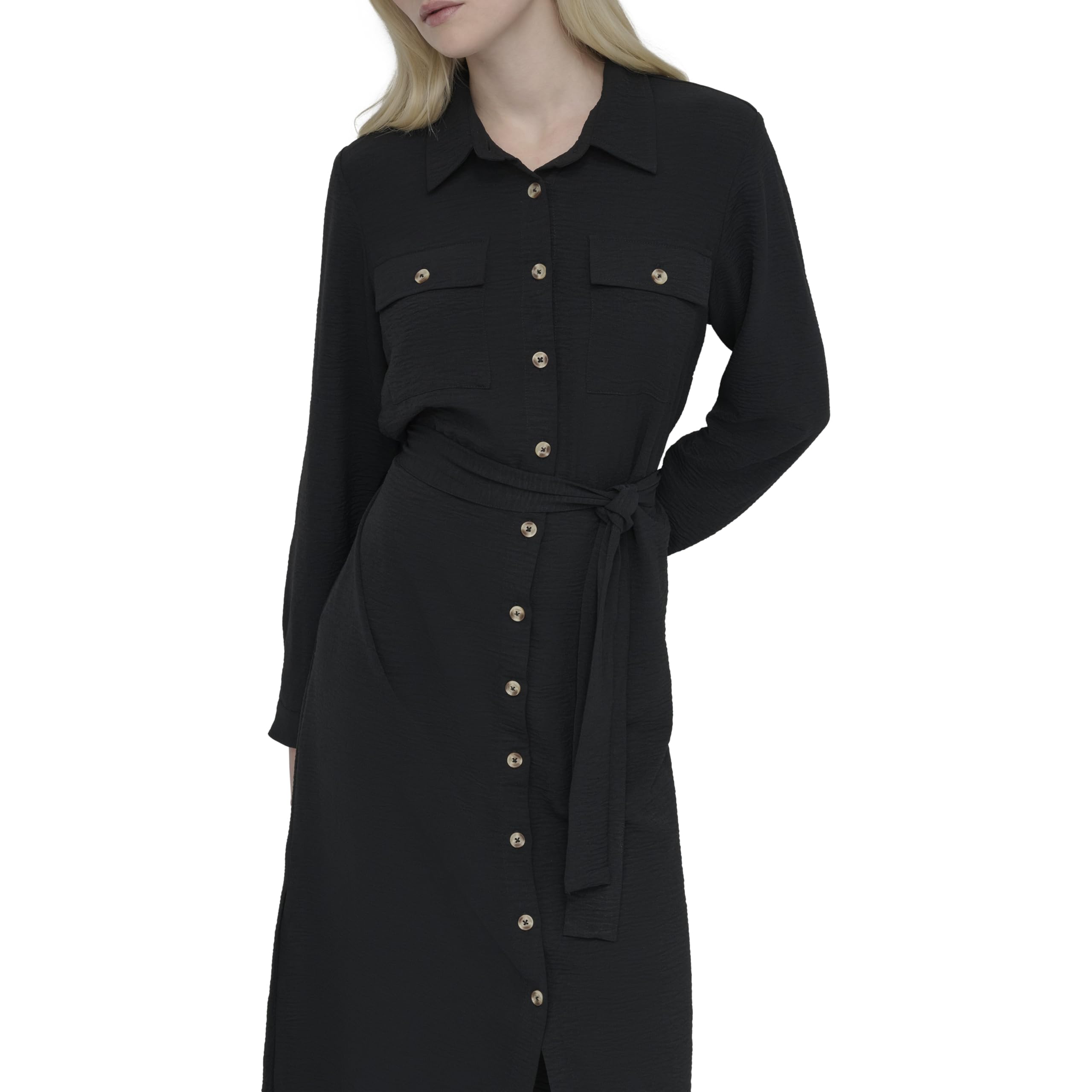 DKNY Long Sleeve Collared Tie Midi Shirtdress Vestido Mujer