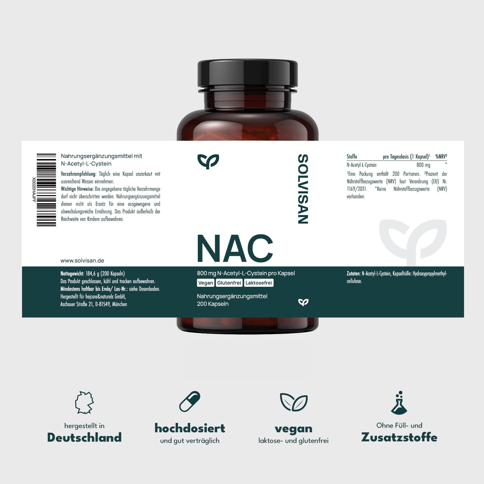 SOLVISAN - NAC 800 mg N-Acetyl-L-Cystein Kapseln - 200 Kapseln - In Deutschland produziert - Vegan, Laborgeprüft und ohne Zusatzstoffe